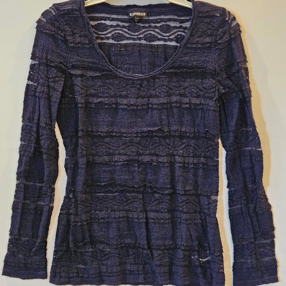 Express Navy Blue Lace Ruffle Detail Long Sleeve Top Blouse Size Small